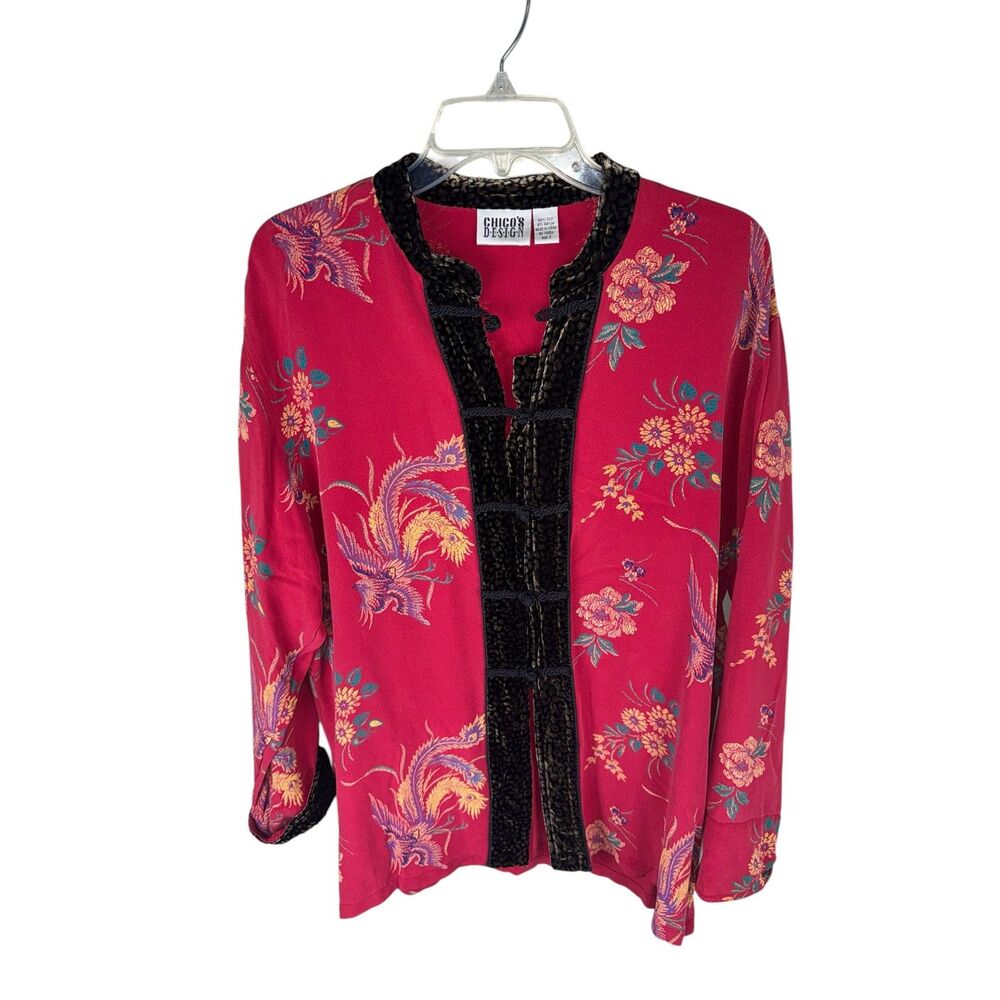Chicos Design Blouse Womens Size 2 Large Asian Red Silk Blend Leopard